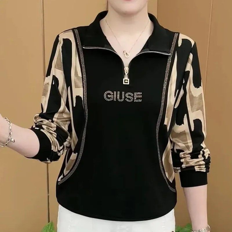 2026拼接卫衣烫钻妈妈装打底衫减龄女百搭上衣夏季大码半拉链短袖
