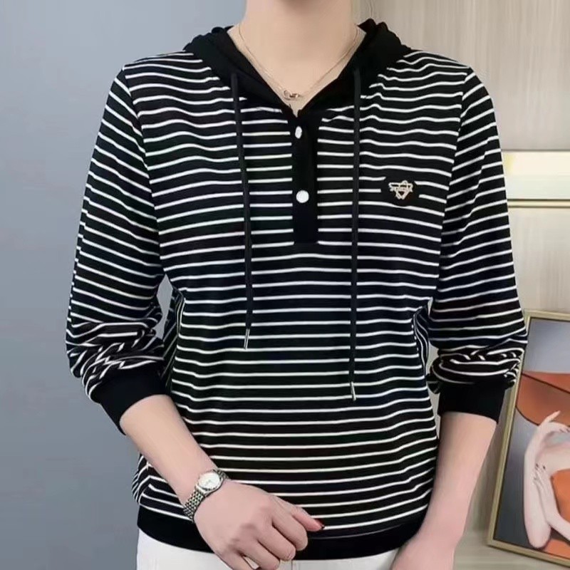 【芭拉婷】t恤女新款时尚休闲百搭显瘦条纹连帽长袖上衣春秋薄款