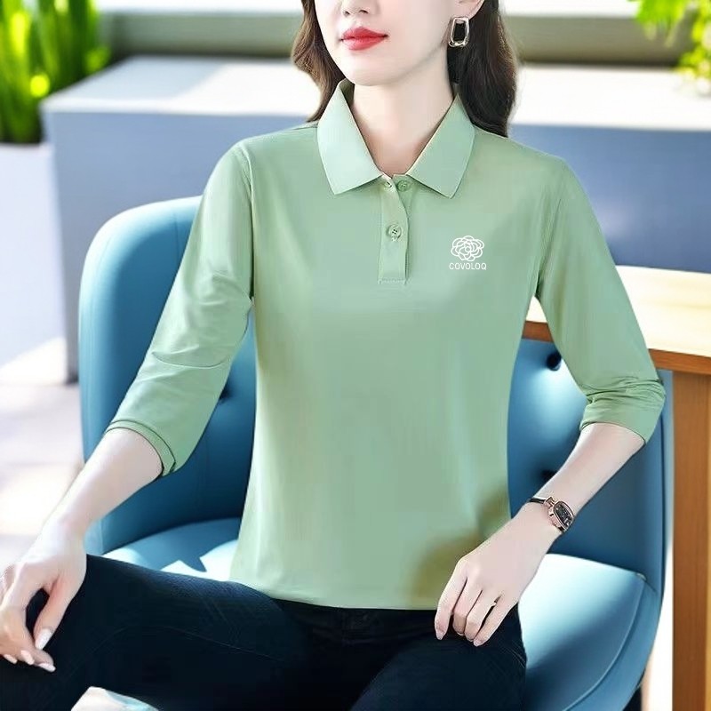 【芭拉婷】高档印花t恤女士翻领Polo衫妈妈装宽松休闲薄款上衣女