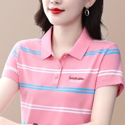 【棉95氨纶5】女士衬衫条纹短袖t恤女夏2026新款中年妈妈显瘦polo