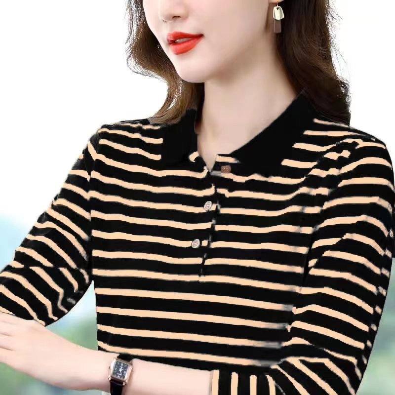 【芭拉婷】t恤女条纹长袖翻领中年妈妈洋气小衫女士打底衫外穿pol