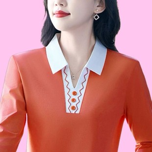恤打底新款 翻领女士长袖 衫 上衣衫 妈妈t洋气polo 百搭2025小衫 时尚