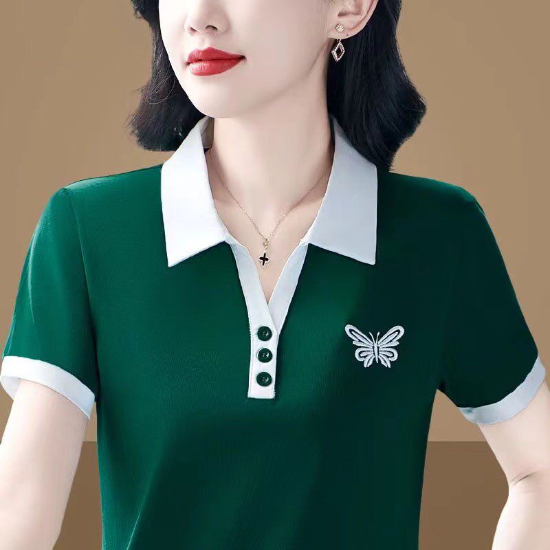 高档短袖t恤女士韩版洋气大码翻领撞色百搭中年妈妈装Polo衫上衣