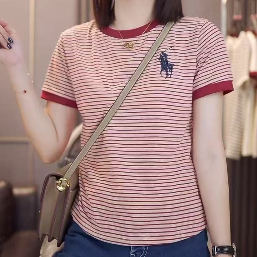 【芭拉婷】短袖T恤女2026夏季新款圆领气质修身半袖精致条纹绣花