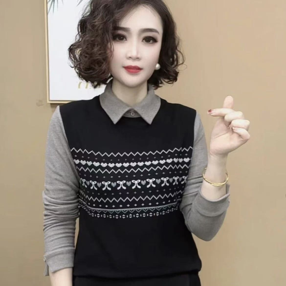 【芭拉婷】螺纹德绒 妈妈冬季打底衫女春秋修身百搭欧货长袖T恤德