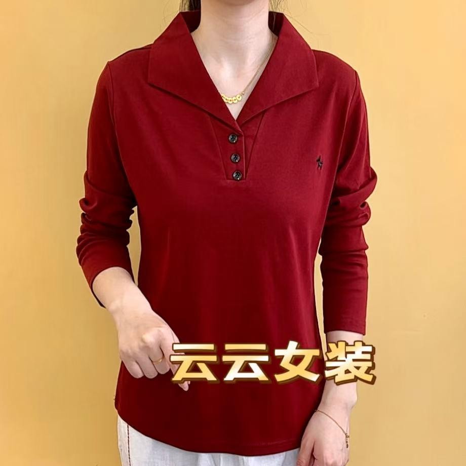 女士t恤长袖打底衫中年妈妈翻领polo衫大码显瘦休闲上衣