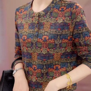 气质上衣双面绒搭女妈妈 宽松圆领套头女印花时尚 保暖长袖 内秋冬装