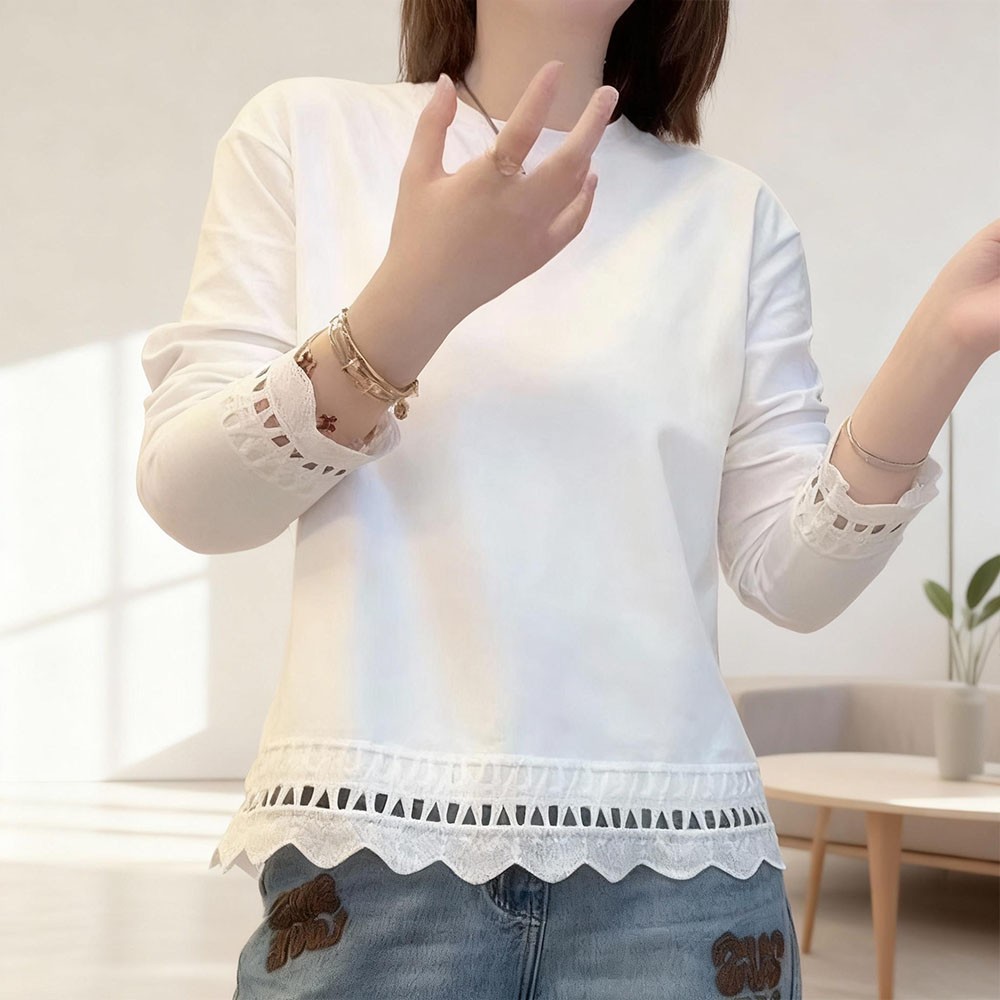 【芭拉婷】韩版新款圆领上衣纯棉秋季蕾丝拼接打底宽松长袖洋气