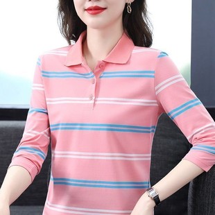 韩版 减龄休闲秋装 宽松纯色女早条纹翻领 长袖 POLO显瘦妈妈上衣衫