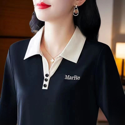 新款长袖t恤polo打底衫女大码春秋显瘦时尚休闲宽松翻领百搭上衣