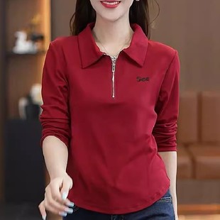 运动恤polo 女半t上衣拉链撞色休闲装 妈妈翻领衫 中年百搭条纹长袖
