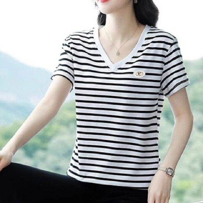 【芭拉婷】条纹百搭短袖t恤女夏季2026新款宽松中年妈妈小衫夏装