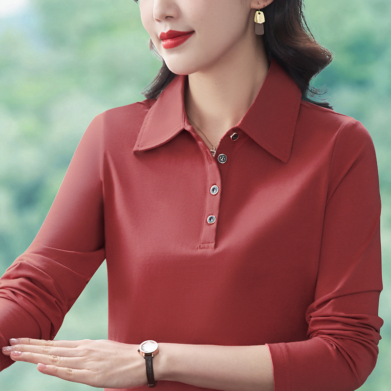 【芭拉婷】纯棉女装长袖T恤女有领中年妈妈上衣2025年新款秋装纯