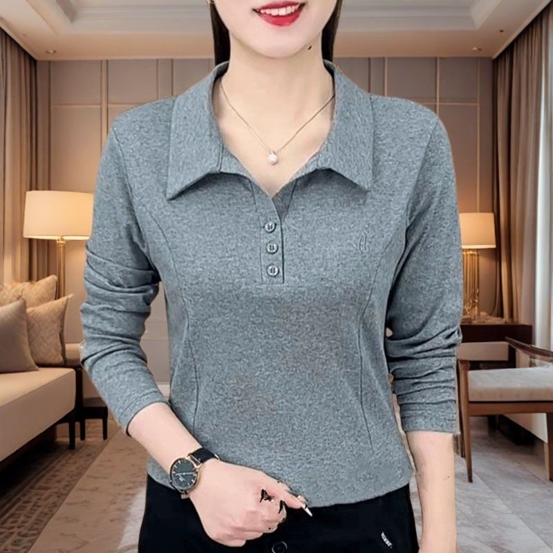 【芭拉婷】t恤女士春秋季时尚洋气简约纯色翻领长袖刺绣显瘦POLO