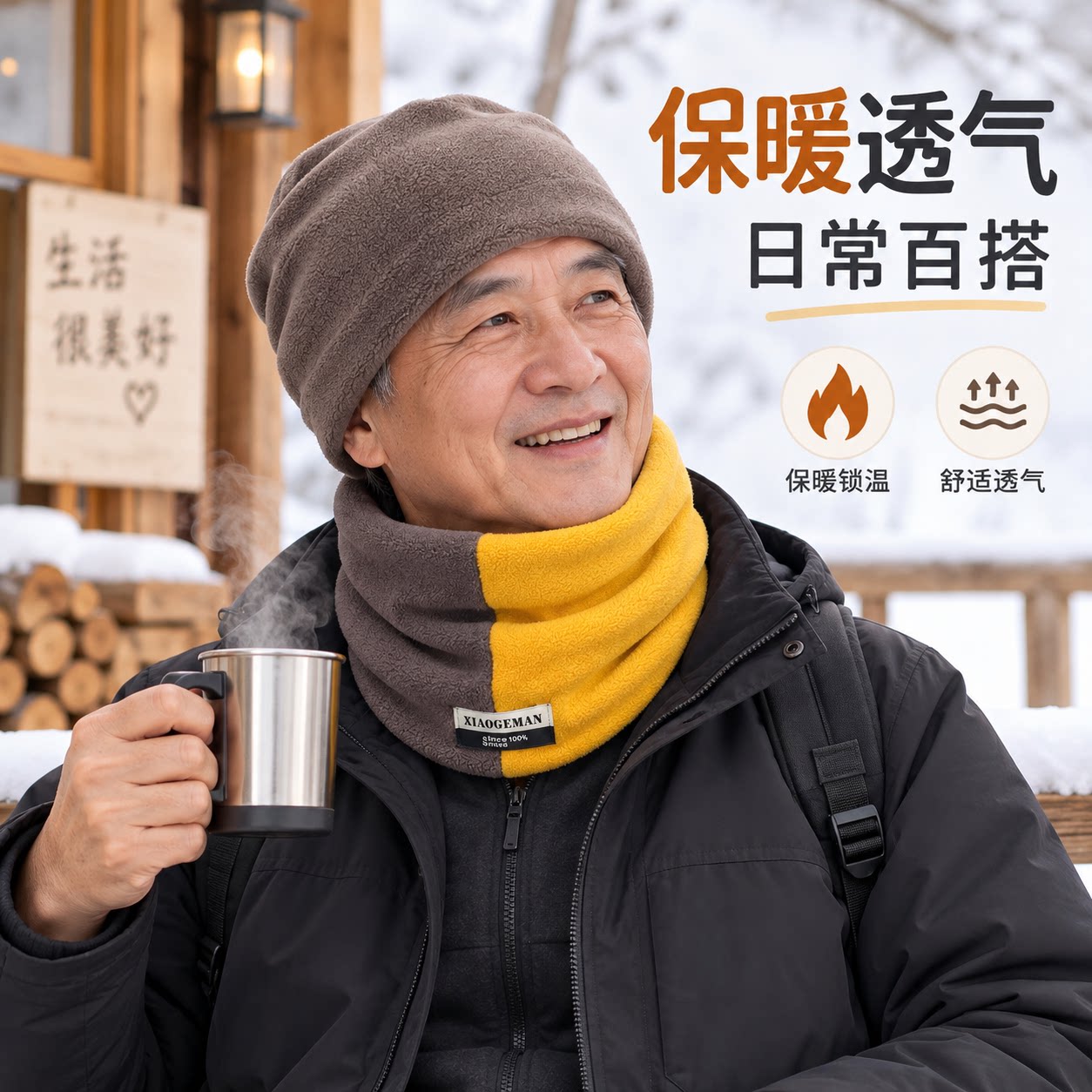 老年人冬季保暖围脖帽子加绒防寒