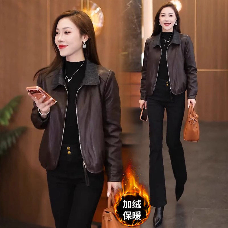 高档加绒短款皮衣外套女秋冬新款小个子时尚气质保暖翻领夹克上衣