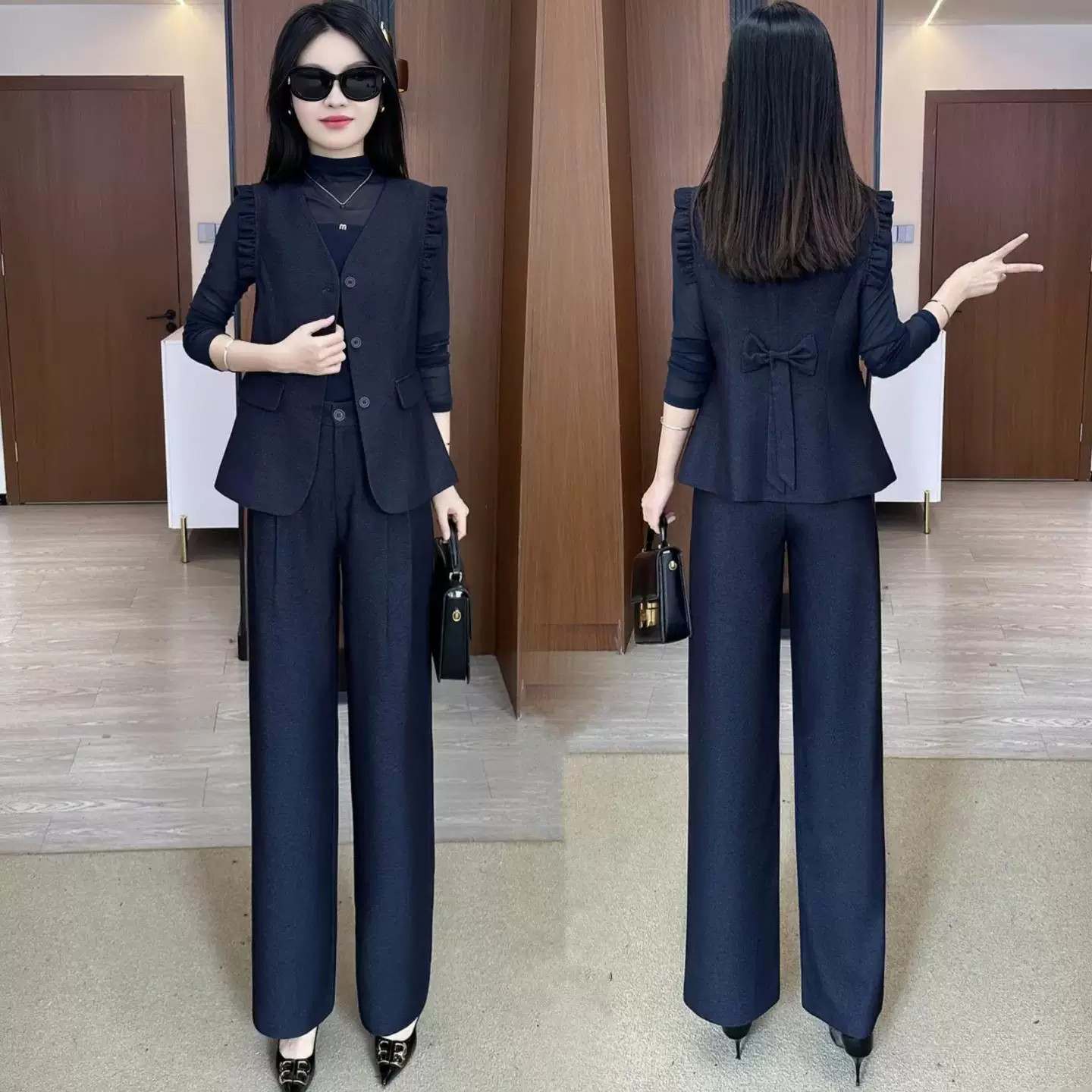 高档女士春秋时尚气质套装洋气显瘦上下装马甲打底衫直筒裤三件套
