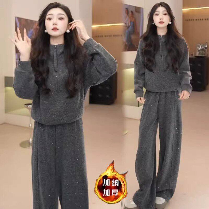 高档时尚休闲套装女士冬天新款加绒加厚连帽卫衣阔腿裤保暖两件套