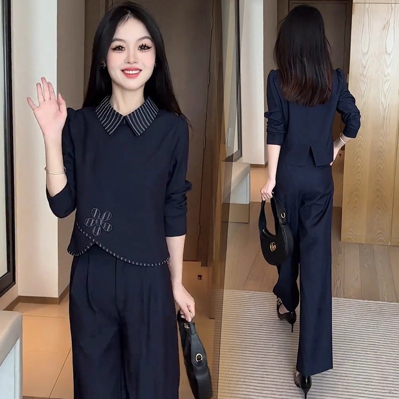 高档春秋时尚牛仔套装女轻奢百搭上衣阔腿裤高端气质减龄装两件套