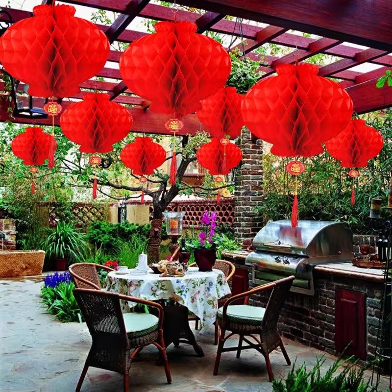 纸灯笼2026新年过年喜庆装饰春节小灯笼户外树上马年福字挂饰蜂窝