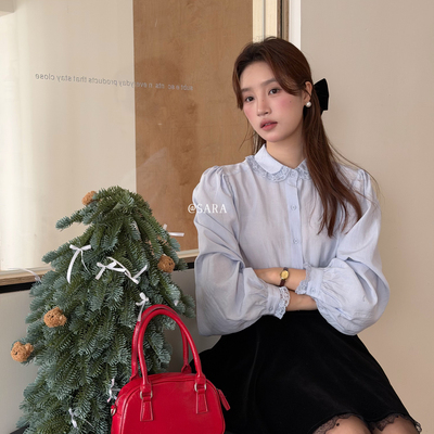 SARA-26年早春韩系娃娃领蕾丝拼接小衫0590