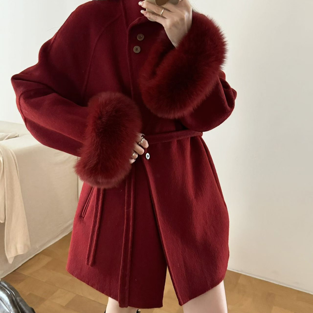 希大掌柜·崛-羊毛外套(配可拆卸狐狸毛袖,腰带)（含100羊毛）CY1