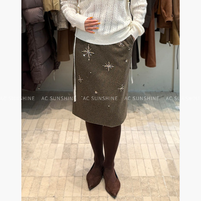 AC SUNSHINE重工刺绣钉珠片羊毛混纺miu系通勤半身裙女直筒裙8268