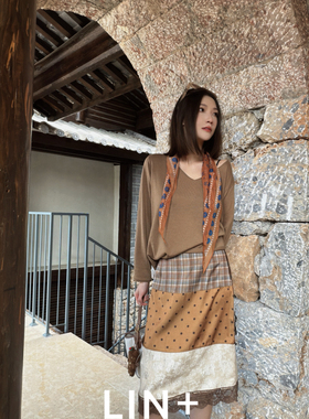 LIN+  -春主推南法度假浪漫重工拼接格纹波点A版蕾丝半身裙CX110