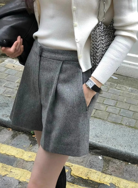 现货 高腰显瘦羊毛短裤纯色2025春季新款简约松紧腰休闲裤ou*e