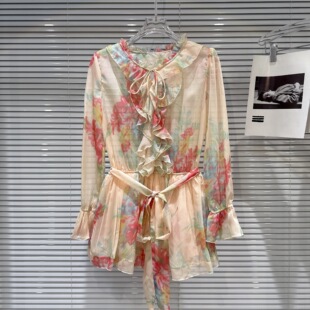 小香风同款2025夏季新款度假风抽绳绑带花色图案轻薄透气雪纺连衣