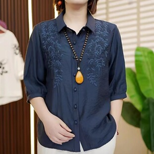 苎麻刺绣小衫 夏季 中年女士衬衫 时尚 T恤纯色宽松显瘦上衣 文艺女装