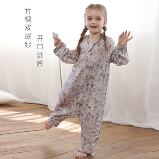 夏季双层竹棉纱布儿童睡袋开口到底防踢被空调房宝宝长袖连体衣