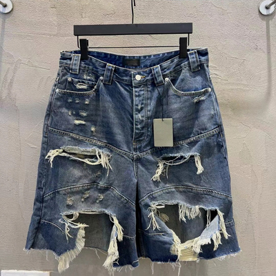 天花板】夏季新装高街潮牌工装裤磨损破洞水洗牛仔短裤男女同款