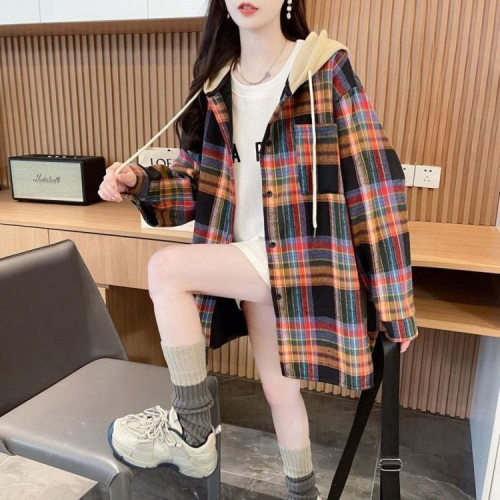韩版格子连帽衬衫外套女2