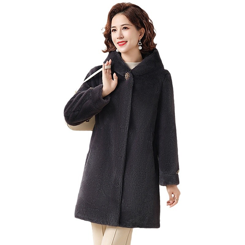 中老年女装新款冬季仿水貂绒皮草连帽上衣中长款开衫大衣毛茸茸服