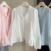 宽松灯笼袖 2026春夏季 女法式 木耳边V领绑带衬衫 内搭上衣衬衣 薄款