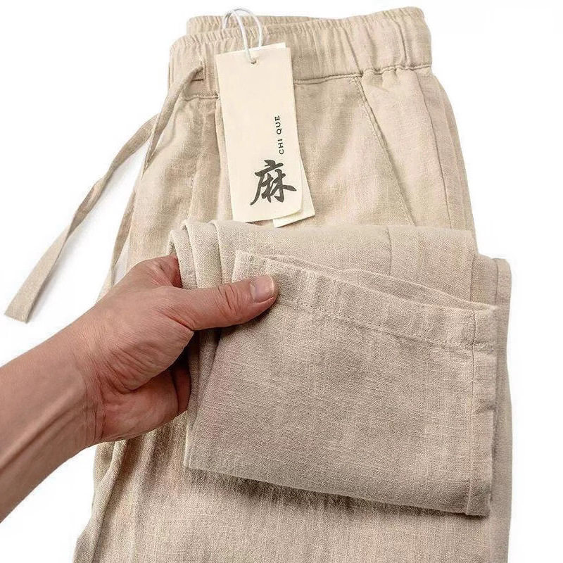 棉麻九分裤男士直筒宽松夏季薄款松紧腰白色中国风亚麻休闲裤子男