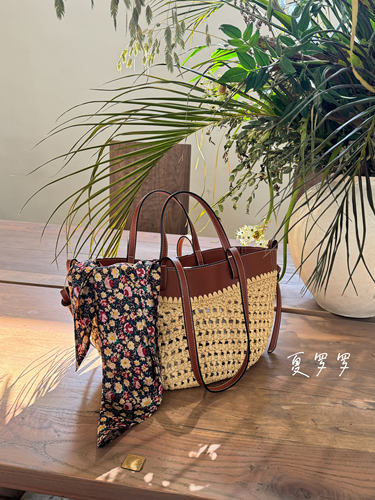 夏罗罗自制 拉菲草牛皮草编包可手提可单肩 自带夏日氛围感