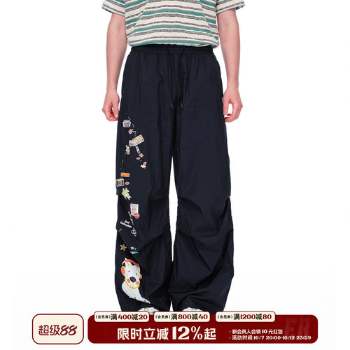 ER萌趣卡通印花抽绳腰直筒伞兵裤秋季轻薄透气宽松休闲阔腿裤男女