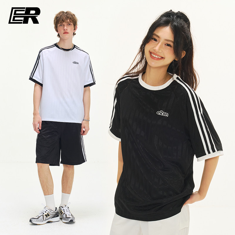 ER三条杠运动短袖t恤男女2026夏季休闲美式复古竖纹上衣情侣装