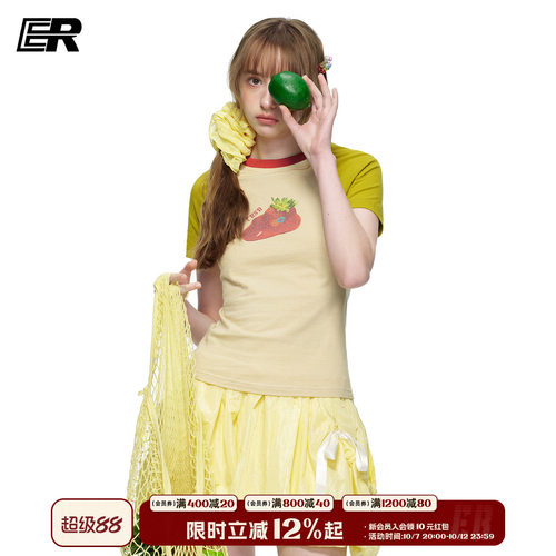 ER美式复古Y2K草莓短袖T恤女