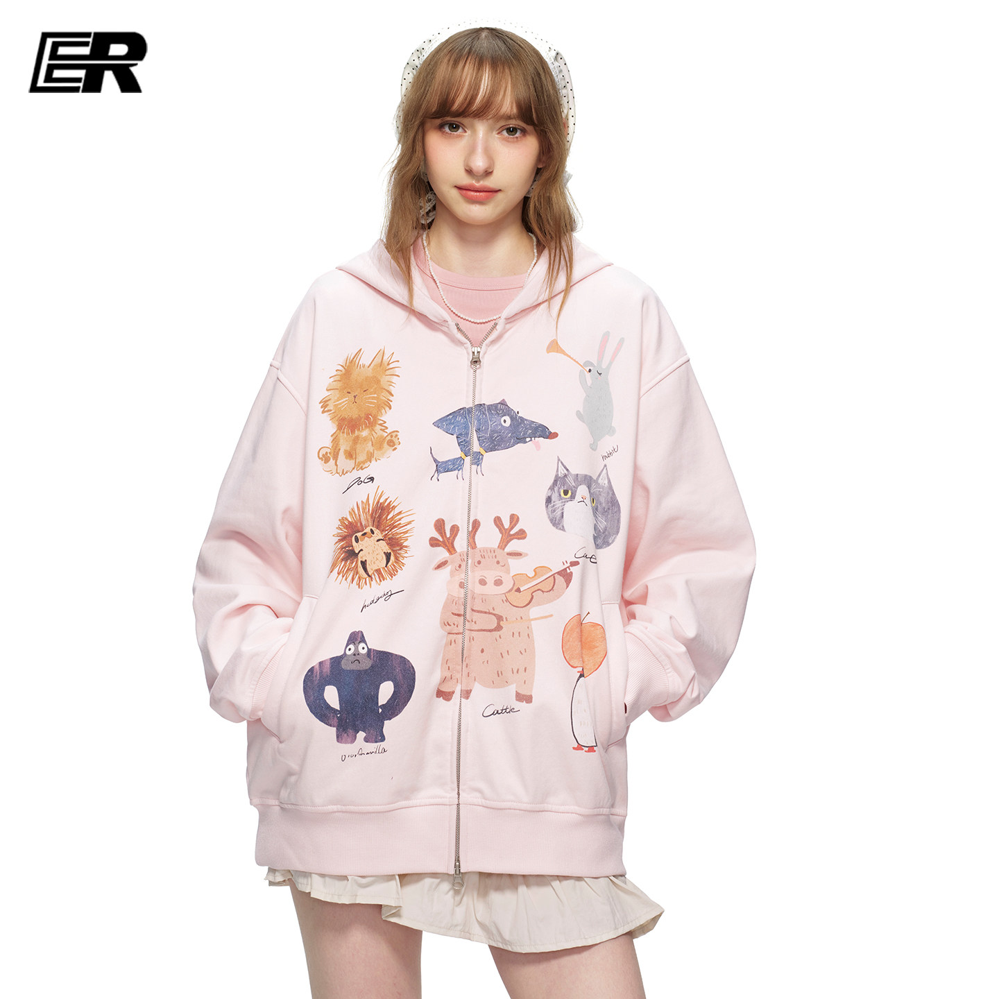 ER可爱童趣萌宠美式印花连帽开衫卫衣男女春季潮牌宽松休闲情侣装