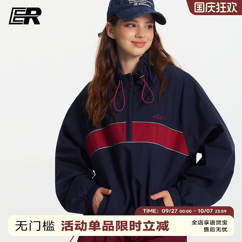 ER半拉链古着日系夹克外套2025秋撞色美式街头嘻哈宽松轻户外上衣