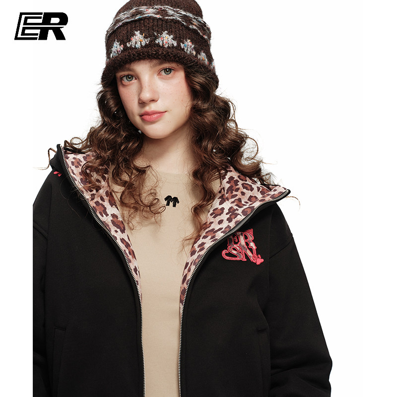 ER豹纹小狗耳朵连帽开衫加绒卫衣男2026秋冬街头风刺绣小高领外套 - er旗舰店出品