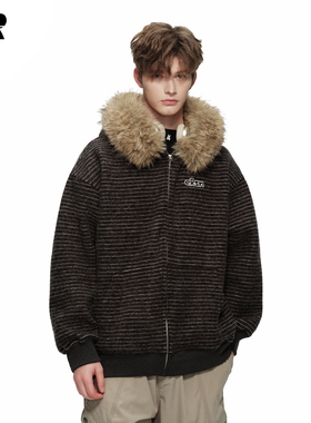 ER撞色条纹卫衣拉链开衫毛领卫衣2026春季潮牌美式复古连帽外套