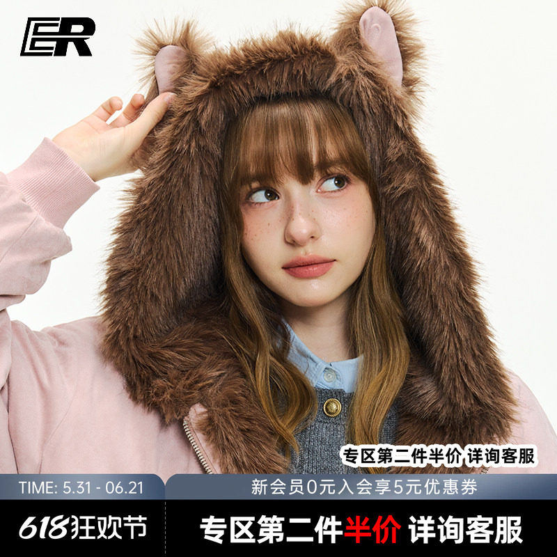 ER原创座山雕连帽棉服外套2026秋冬珍珠logo毛领夹克美式潮牌情侣