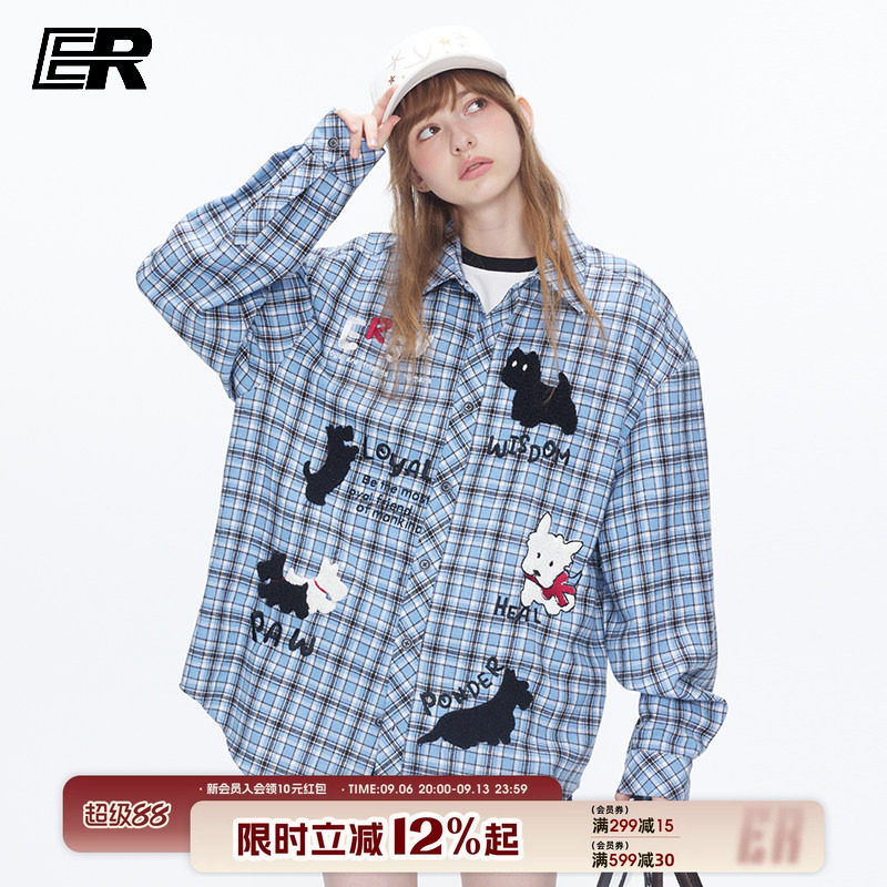 ER可爱小狗刺绣格纹长袖衬衫图片