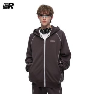 ER华夫格运动线条连帽开衫卫衣男女春秋高街潮流百搭休闲学生外套