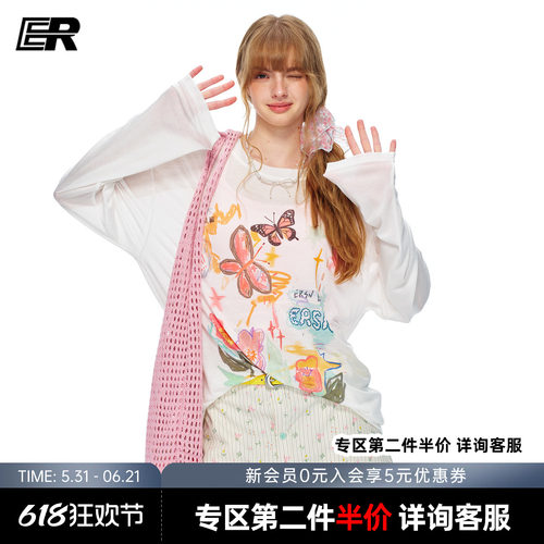 ER彩绘蝴蝶长袖T恤轻薄罩衫