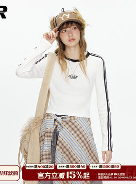 ER三条杠撞色条纹短款长袖t恤女秋季辣妹修身显瘦露肚脐打底上衣